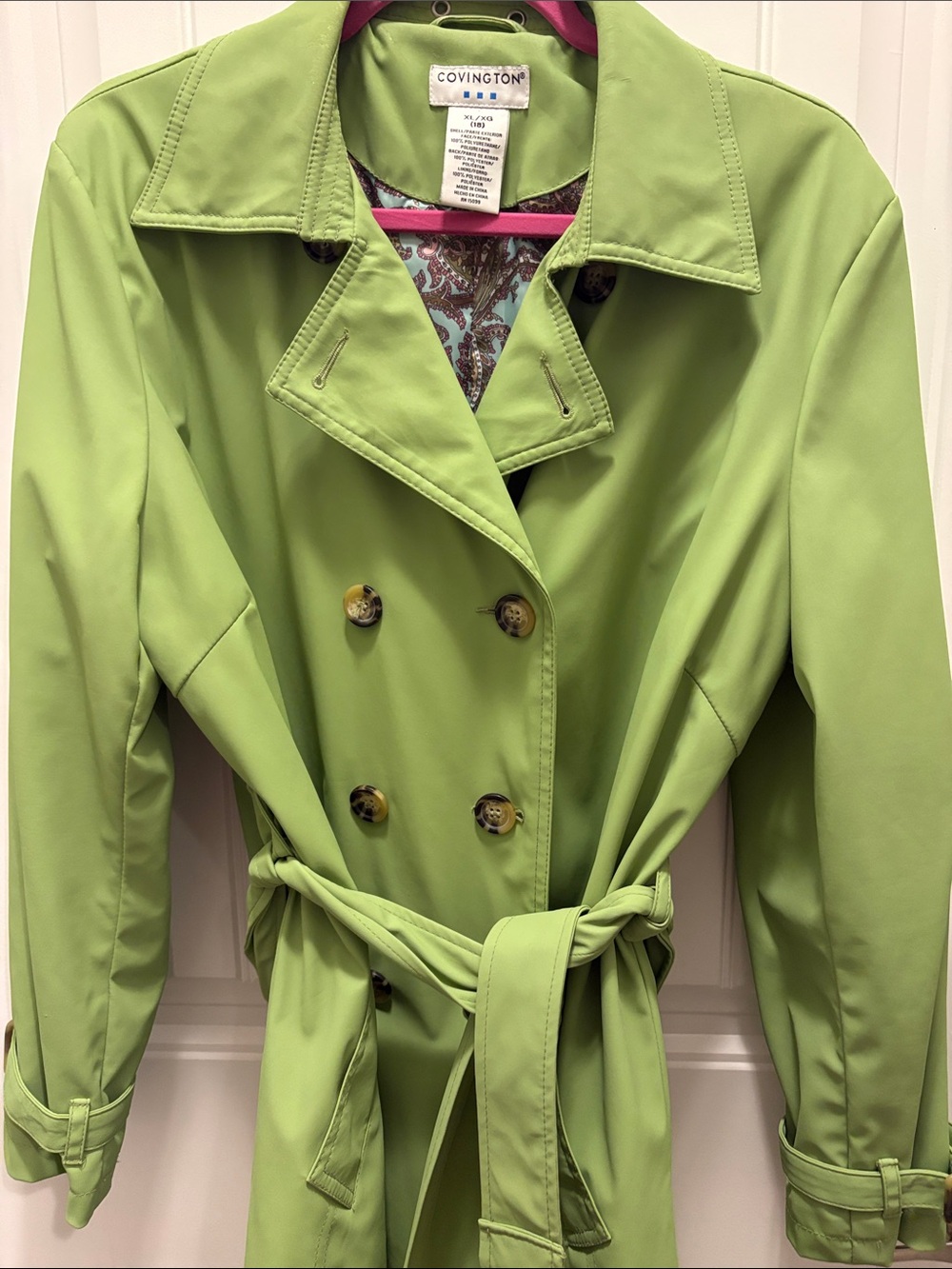 Covington XL 18 Green Double Breasted Trench Coat Paisley Lined Belted